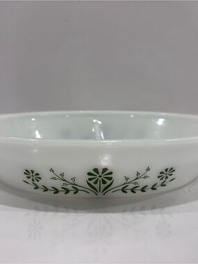 Vintage Glasbake milk glass divided oval casserole green floral 11”